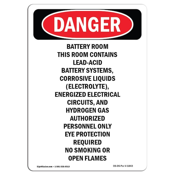 Sign, 5" H, 3.5" W, Portrait Battery Room Contains Lead-Acid, Portrait, DS-D-35-V-1843-10PK